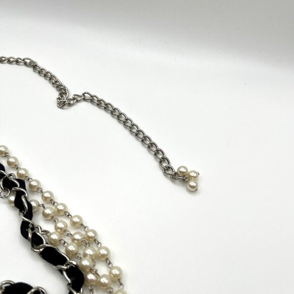 Multi-Strand Faux Pearl Necklace Black Ribbon & Silver Chain Layered Statement - Picture 5 of 5
